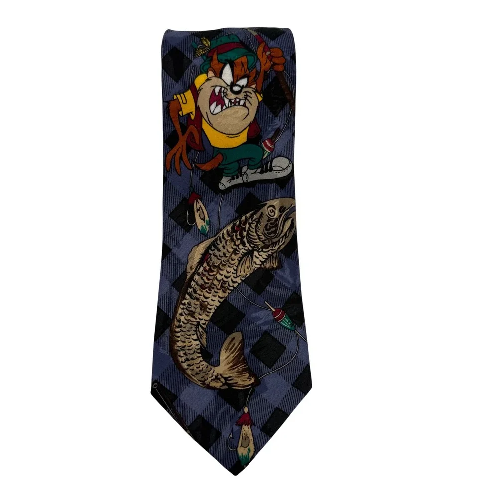 Looney Tunes Tazmanian Devil Fishing Tie 1996‎ Polyester Blue Plaid Work